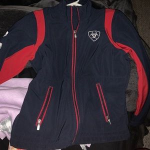 Ariat soft shelled blue red and white jacket